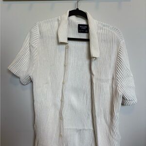Abercrombie & Fitch Cream Ribbed Short Sleeve Button-Up Top
